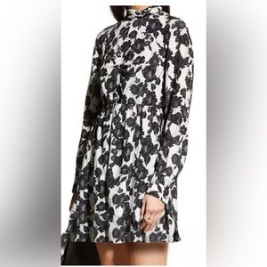 Jason Wu Long Sleeve Mini Dress Black and White Silk Floral Necktie Sz 0 $595